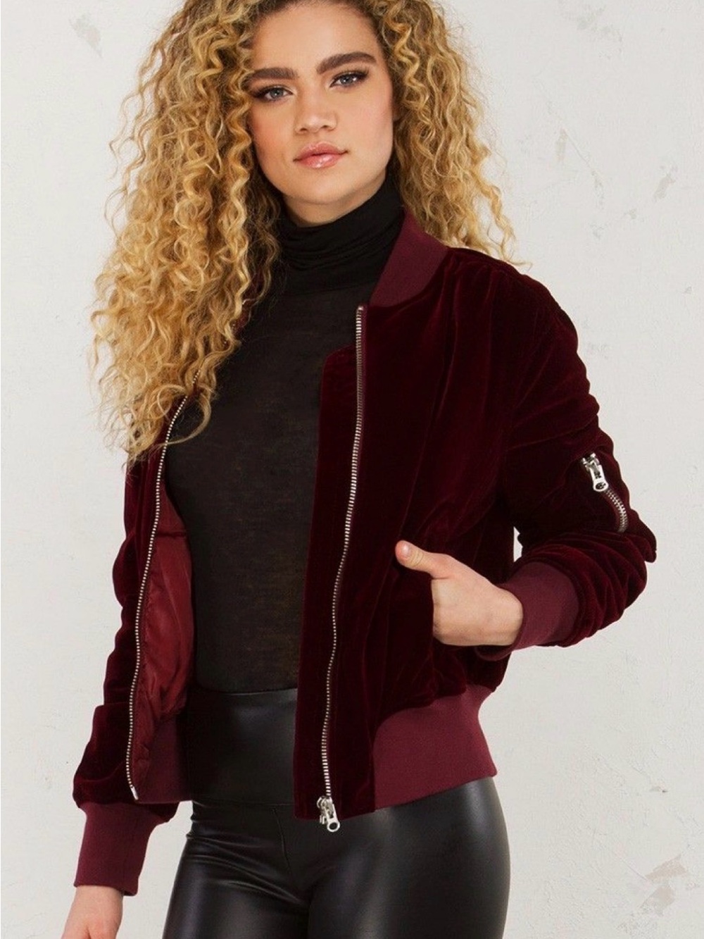 Akira Velvet Bomber Jacket in Burgundy - Women